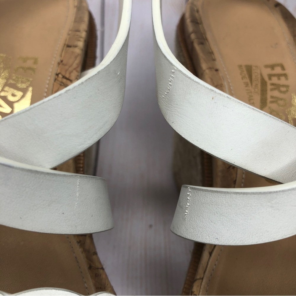 Salvatore Ferragamo White Leather Scalloped Wedge Espadrilles Sz 6 - Picture 9 of 14